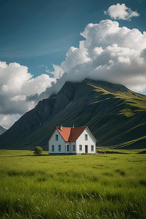 House in the green meadow with mountain in background, Iceland.の素材