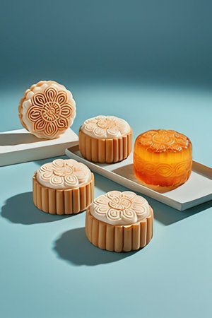 Moon cakes on pastel blue background. 3D Rendering.の素材