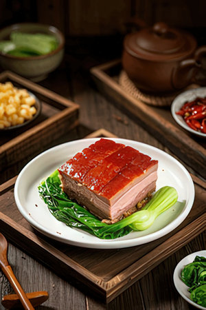 Korean cuisine. Pork with vegetables and sauce on a wooden background.の素材