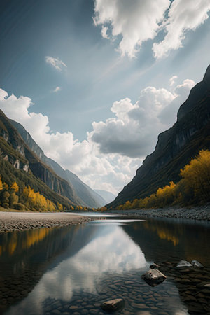 Beautiful autumn landscape in the mountains. The river flows through the mountains.の素材