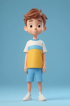3d illustration of a cute little boy standing on a blue backgroundの素材