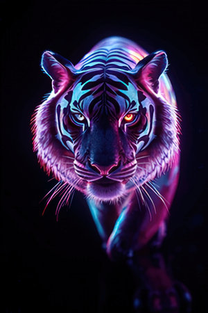 Tiger in neon light on a black background. The symbol of the year 2022.の素材