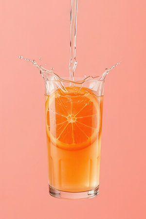 Splash of orange juice in a glass on a pink background.の素材