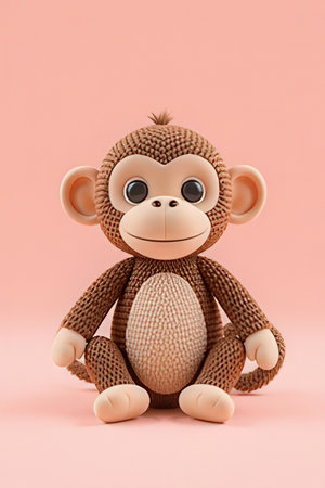 Cute monkey toy isolated on pink background. 3d rendering.の素材