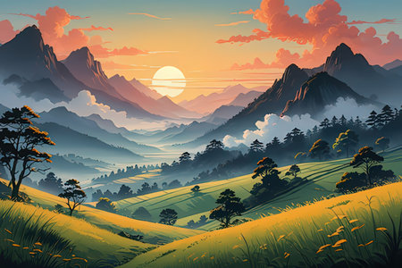 Beautiful mountain landscape with meadow and forest at sunset. Vector illustration.の素材