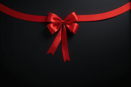 Red ribbon bow on black background. Christmas and New Year concept.の素材
