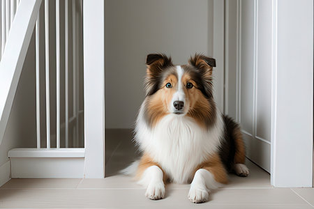 Portrait of a Shetland Sheepdog sitting on the floorの素材