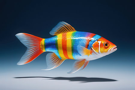 3D Illustration of a Rainbow Goldfish on a blue backgroundの素材