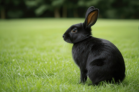 Black rabbit on green grass background, closeup. Easter holiday conceptの素材