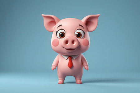 Cute piggy with tie on blue background. 3D renderingの素材