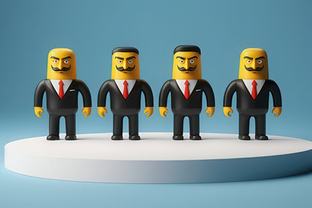 3d render of business people with smiley faces standing on podiumの素材