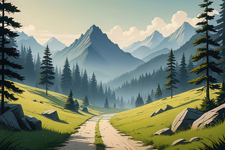 Beautiful mountain landscape with road in the mountains. Vector illustration.の素材