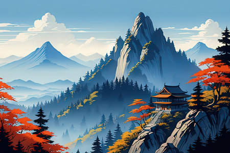 Autumn Landscape with Mountain and Pagoda. Vector Illustrationの素材