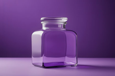 Empty glass jar on purple background. 3d render. Minimal style.の素材