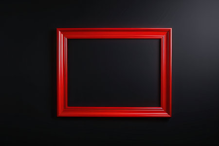 Red picture frame on black wall, 3d rendering. Computer digital drawing.の素材