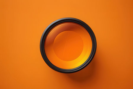 Camera lens isolated on orange background. 3d illustration. Top view.の素材