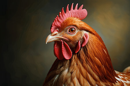 Portrait of a rooster with a red comb on a dark backgroundの素材
