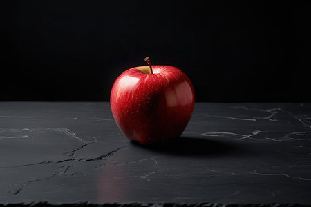 Red apple on black marble table, dark background, copy space.の素材