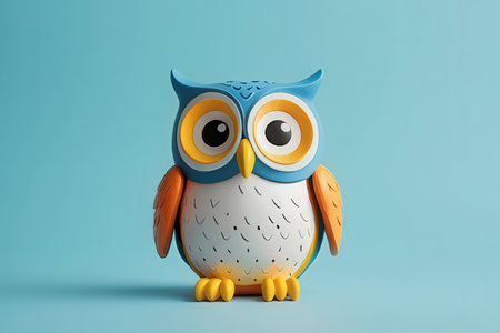 Owl on a blue background. 3d illustration. Cartoon style.の素材