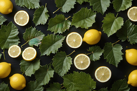 Creative layout made of lemons and leaves on black background. Flat lay, top view, copy spaceの素材