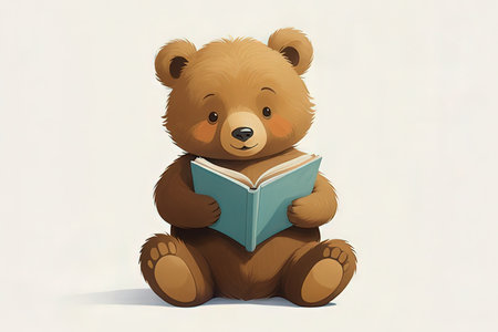 Teddy bear reading a book on a white background. Vector illustration.の素材