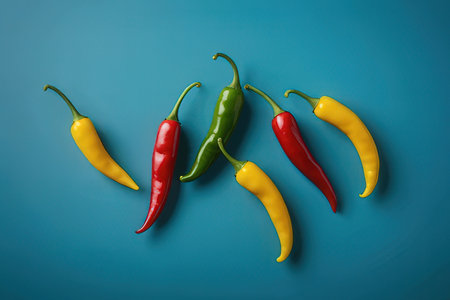 Hot chili peppers on blue background. Minimal food concept. Top view.の素材