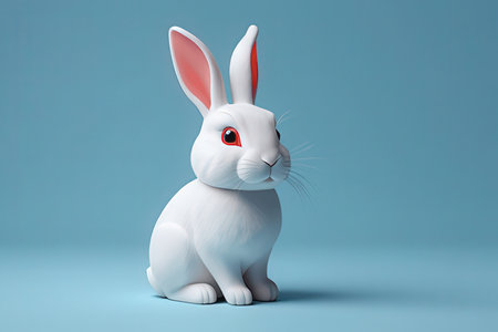 White rabbit on a blue background. 3d rendering, 3d illustrationの素材