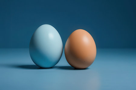 Two eggs on a blue background. Minimal easter concept.の素材
