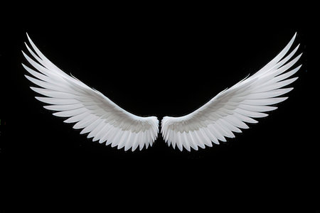 White bird wings isolated on black background, closeup of photo.の素材