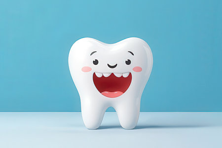 tooth character with happy expression on blue background, 3d renderの素材