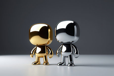 Two gold and silver robots stand side by side. 3D renderingの素材