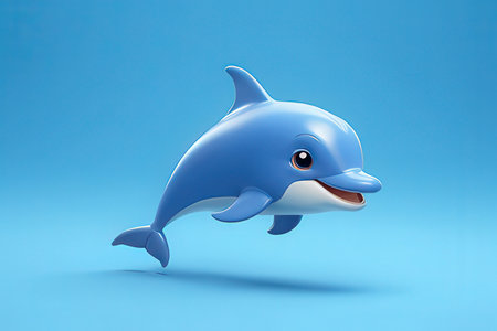 Cartoon character of dolphin isolated on blue background. 3d illustrationの素材
