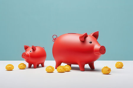 Piggy bank and gold coins on a blue background, 3d renderの素材