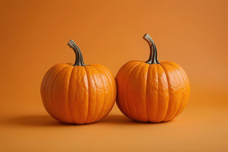 Two orange pumpkins on orange background. Halloween or Thanksgiving background.の素材