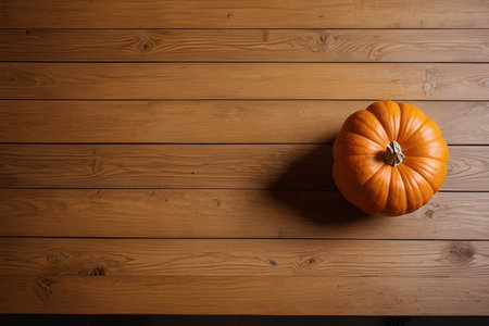 Pumpkin on a wooden background, top view, space for textの素材
