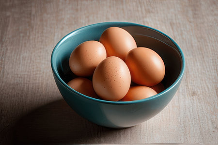 Fresh eggs in a blue bowl on a wooden table. Selective focusの素材