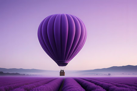 Purple hot air balloon flying over lavender field. 3D Renderingの素材
