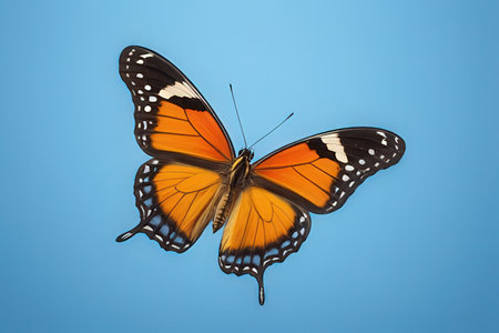 Butterfly isolated on blue background. Orange butterfly with clipping path.の素材