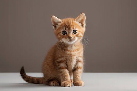 Little red kitten sitting on the floor and looking at camera on gray backgroundの素材