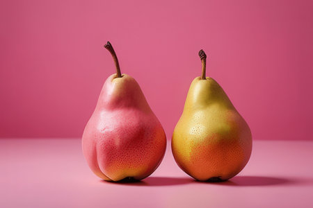 Two ripe pears on pink background. Concept of healthy eating.の素材