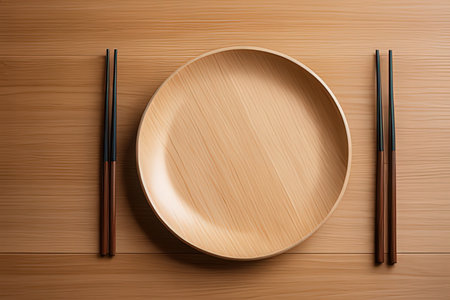 Empty wooden plate and chopsticks on wooden background. Top view.の素材