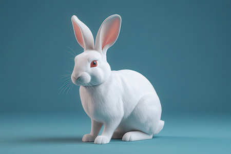 White rabbit on a blue background. 3d rendering, 3d illustration.の素材