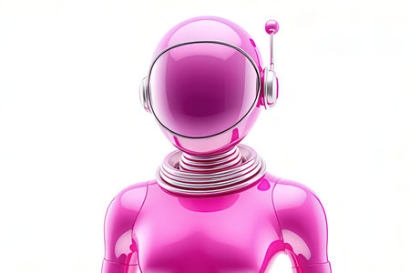 Robot with headphones on white background. 3D illustration. Pink.の素材
