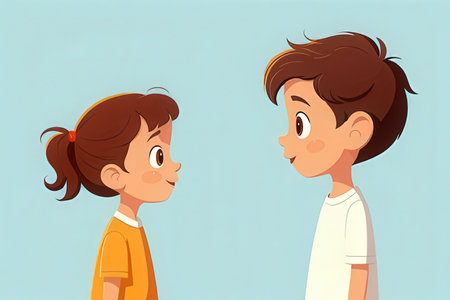 Boy and girl looking at each other. Vector illustration in cartoon styleの素材