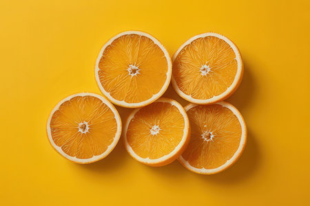Slices of fresh orange on yellow background, top view.の素材