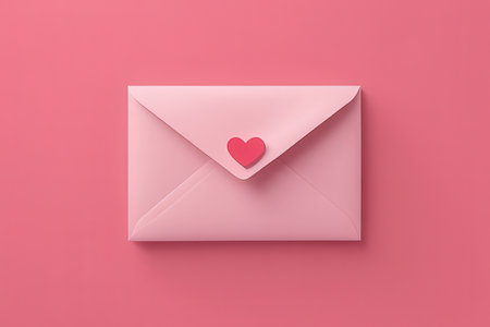 Valentine's day concept - top view of pink envelope with red heart on pink backgroundの素材