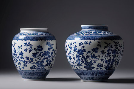 Porcelain vase with floral pattern on a gray backgroundの素材