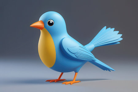 Blue bird on a gray background. 3D illustration. Copy space.の素材