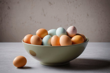 Eggs in a bowl on a gray background, selective focusの素材