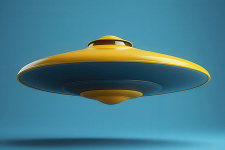 Flying saucer on a blue background. 3d rendering, 3d illustration.の素材